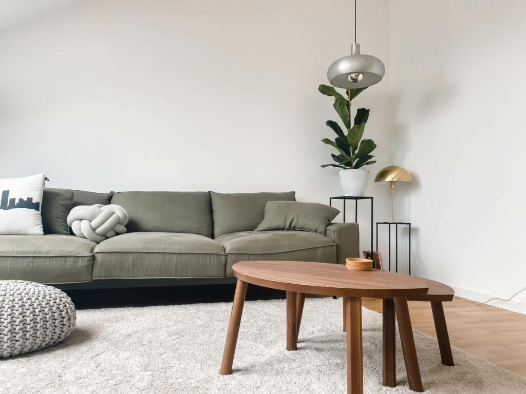 Foto van een modern interieur. Groene zetel en houten tafel. Airbnb foto's