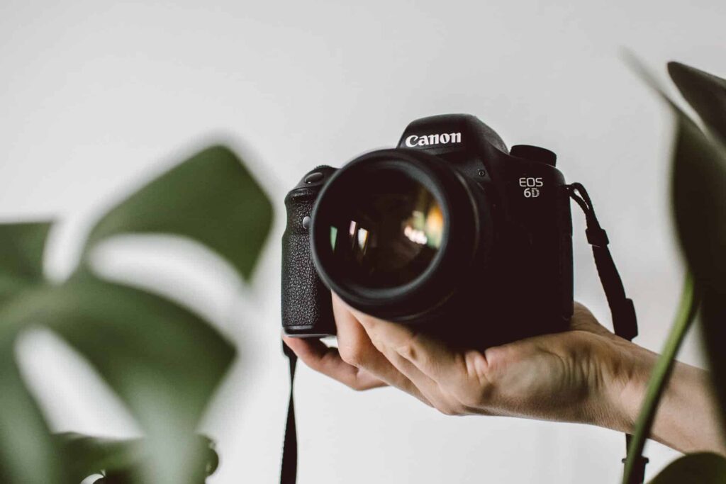 DSLR camera in een witte kamer met monstera. Maak goede foto's van je airbnb fotograaf.