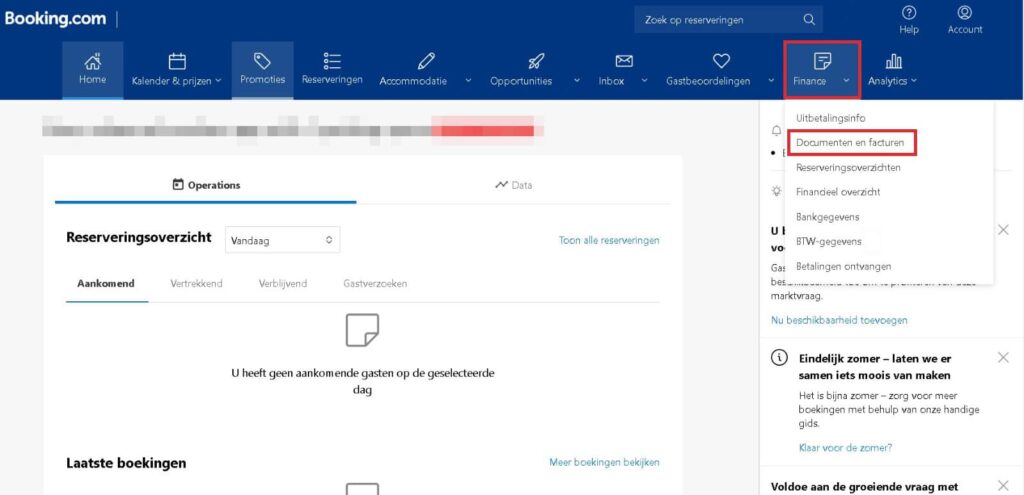 Booking.com extranet screenshot. Navigatie naar facturen en documenten