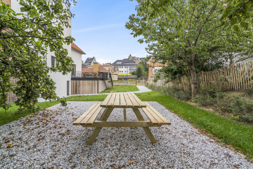 Een bank naast een grote appelboom.Airbnb tuin in het najaar.