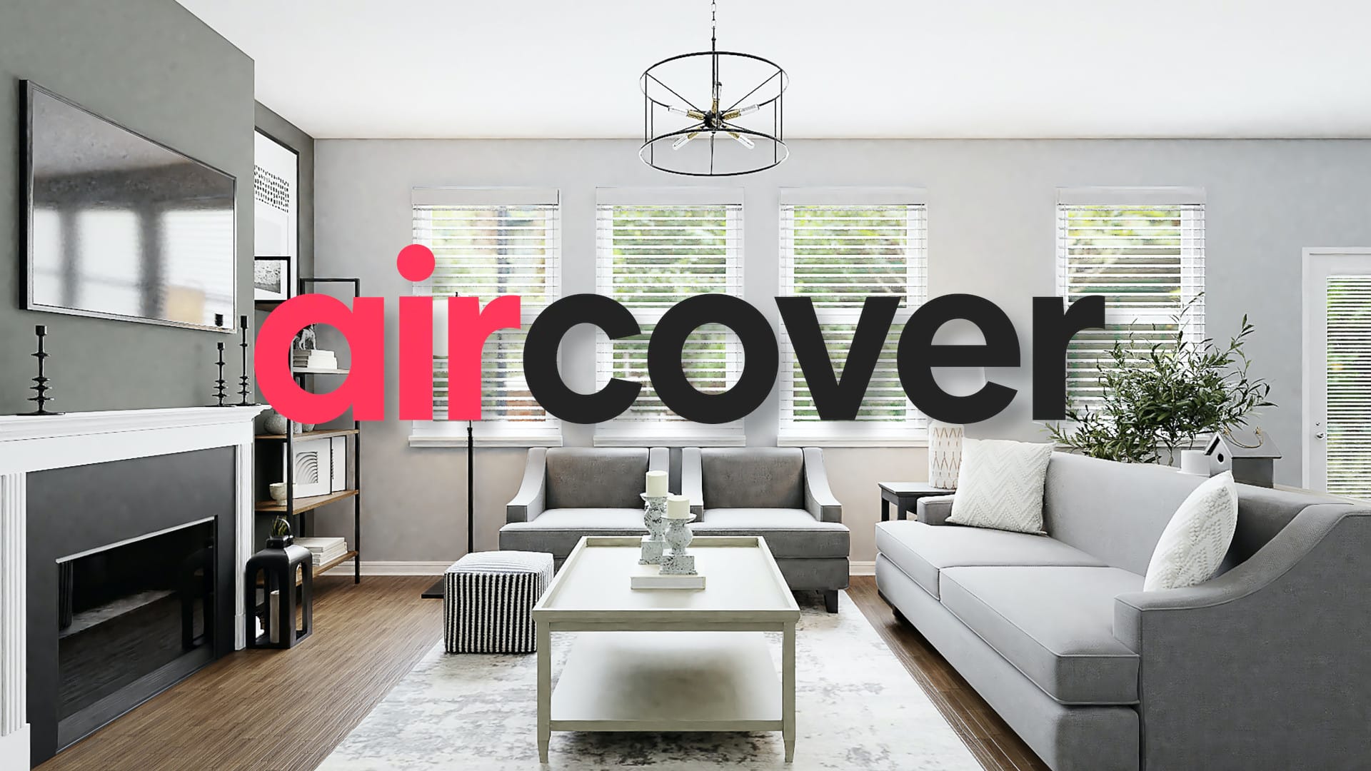 Logo van de Airbnb Aircover garantie in een woonkamer