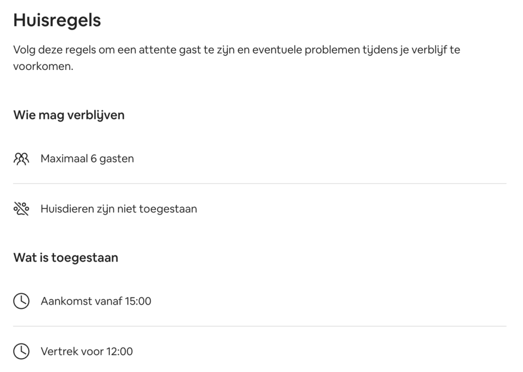 Screenshot van de Airbnb huisregels