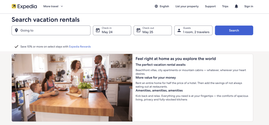 Expedia homepagina screenshot