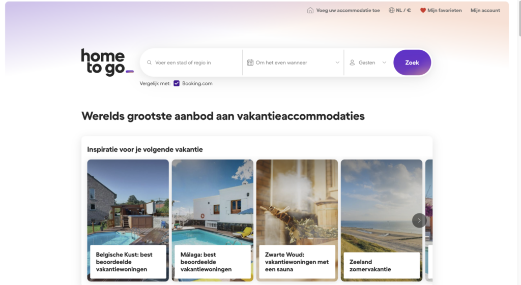 HomeToGo website voor verhuur van vakantiewoningen