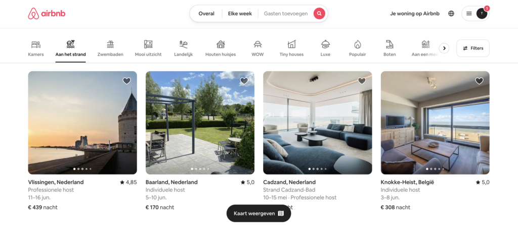 screenshot van listingen op airbnb en hun Airbnb titels